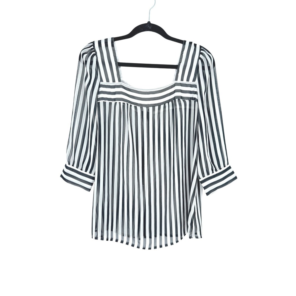 Black White Striped Sheer French Nautical Button Back Top M‎ Euro Summer Coastal